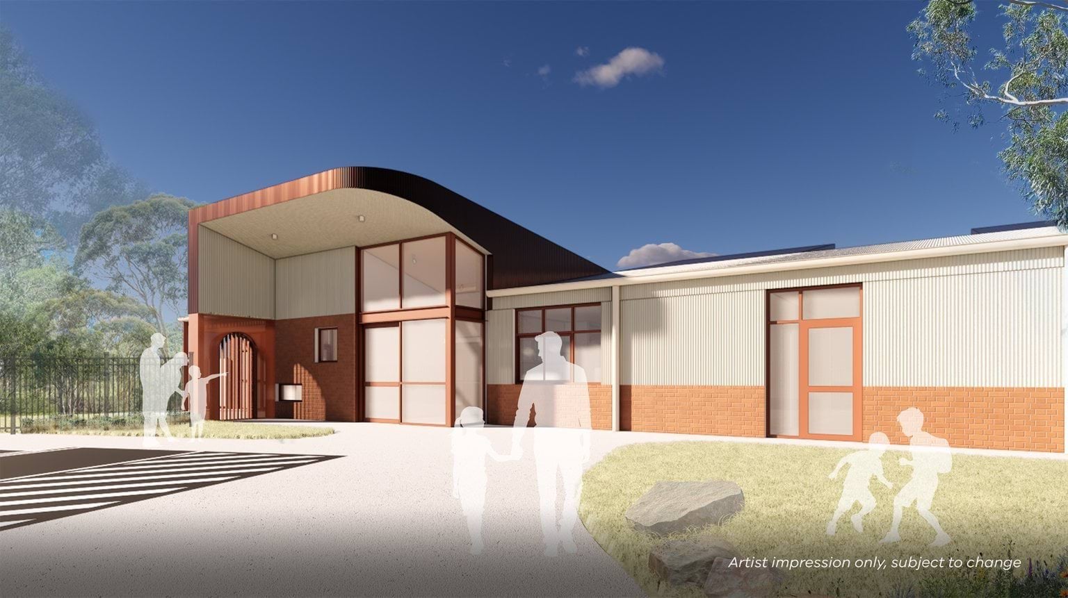 Artist impression of an early learning centre exterior with a curved roof, large windows, and a mix of brick and light cladding. The entrance features an arched gate, and the surrounding area includes a paved walkway, grass, and trees in the background.