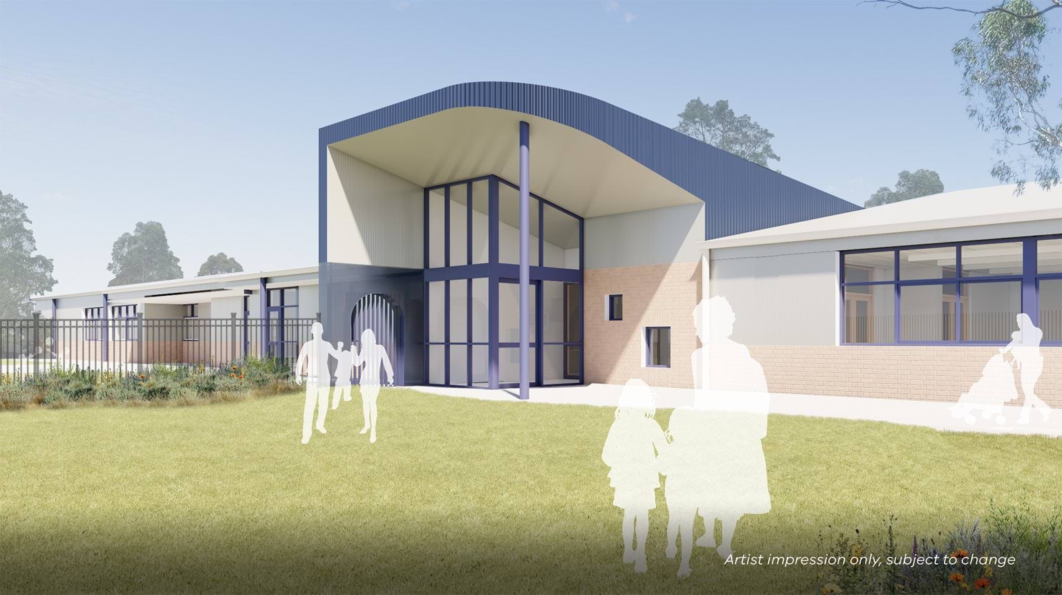Artist impression of an early learning centre exterior featuring a curved roof, large glass entrance framed in blue, and a mix of light cladding and brick. The building is surrounded by grass and landscaping, with silhouettes of adults and children in the foreground.