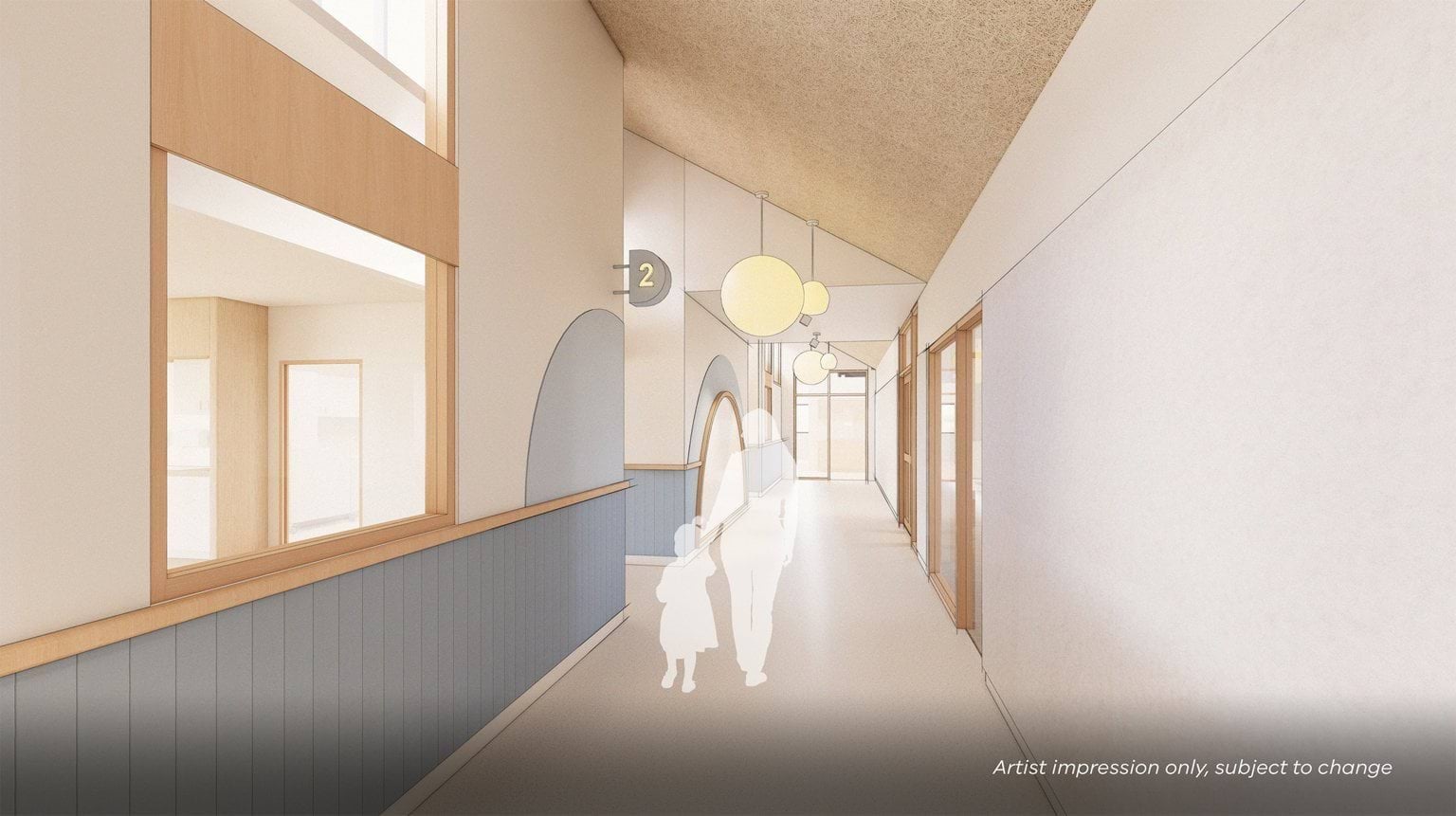 Artist impression of a bright hallway inside an early learning centre with timber-framed windows, arched wall details, and round pendant lights. The corridor has light walls and flooring, with silhouettes of an adult and child walking together.