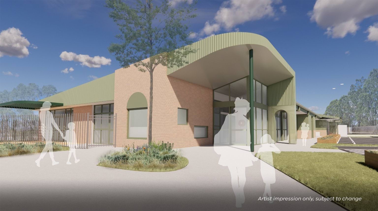 Illustrated render of new early learning building. It has a curved green roof, large windows, and a carpark near the main entrance.
