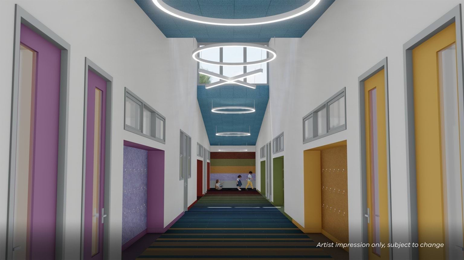 Interior render of a school corridor with colourful doors, striped carpet and circular ceiling lights, with students at the end