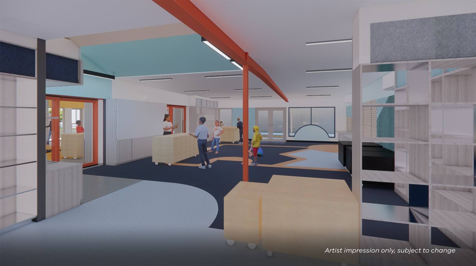 Artist impression of an open-plan classroom with colorful flooring, timber shelving, and bright walls. The space features movable furniture, orange structural beams, and large windows providing natural light.