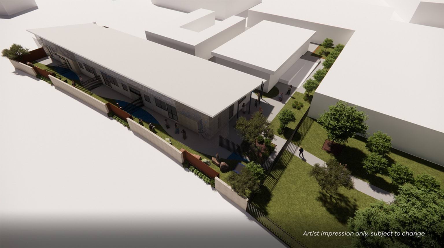 Artist impression of a single‑storey school building with a long façade, landscaped garden areas, outdoor paths, and fenced play spaces, viewed from an elevated angle.