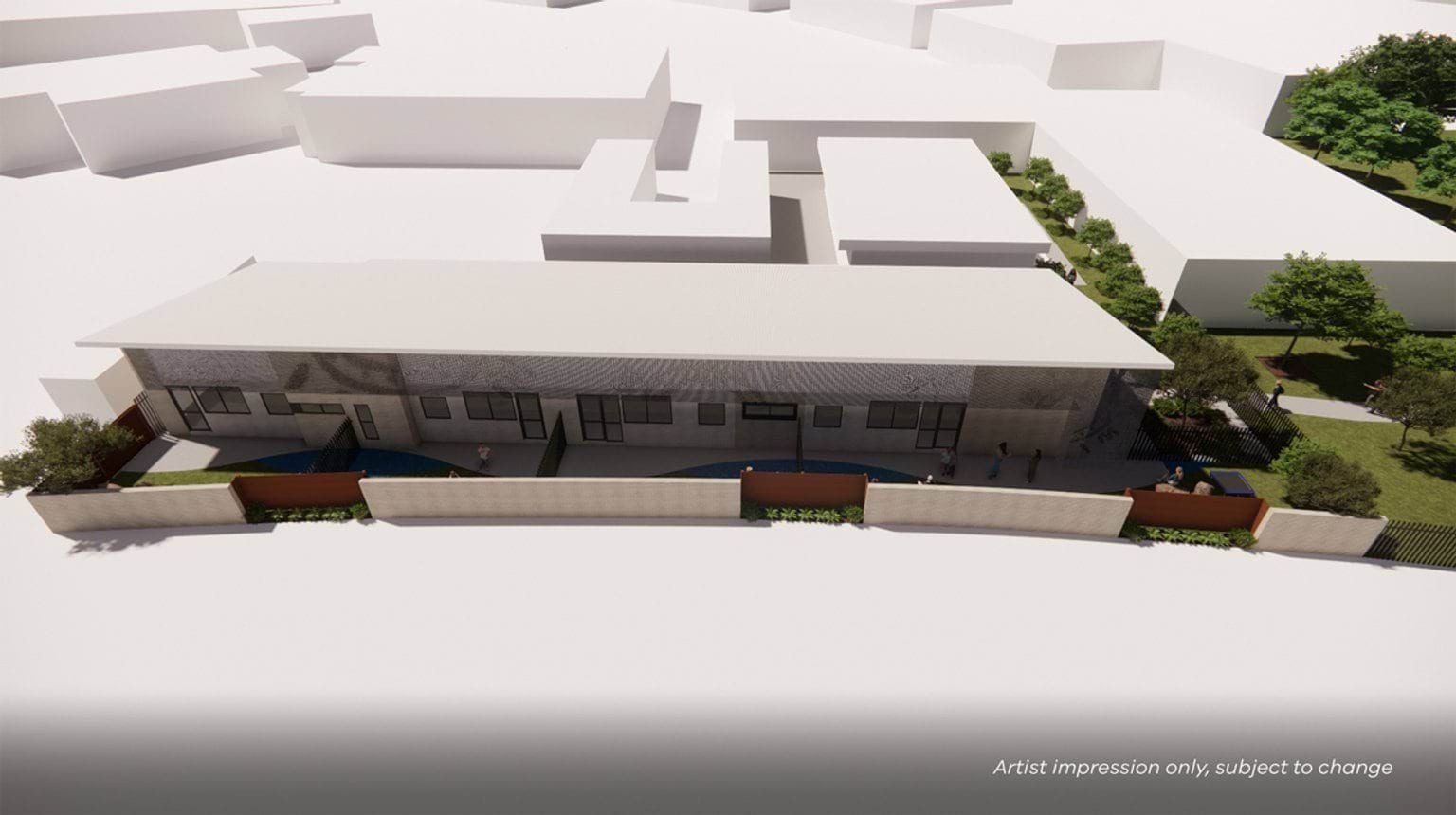 Artist impression showing a side elevation of the school with a patterned exterior screen, fenced outdoor zones, and small landscaped areas along the building edge.