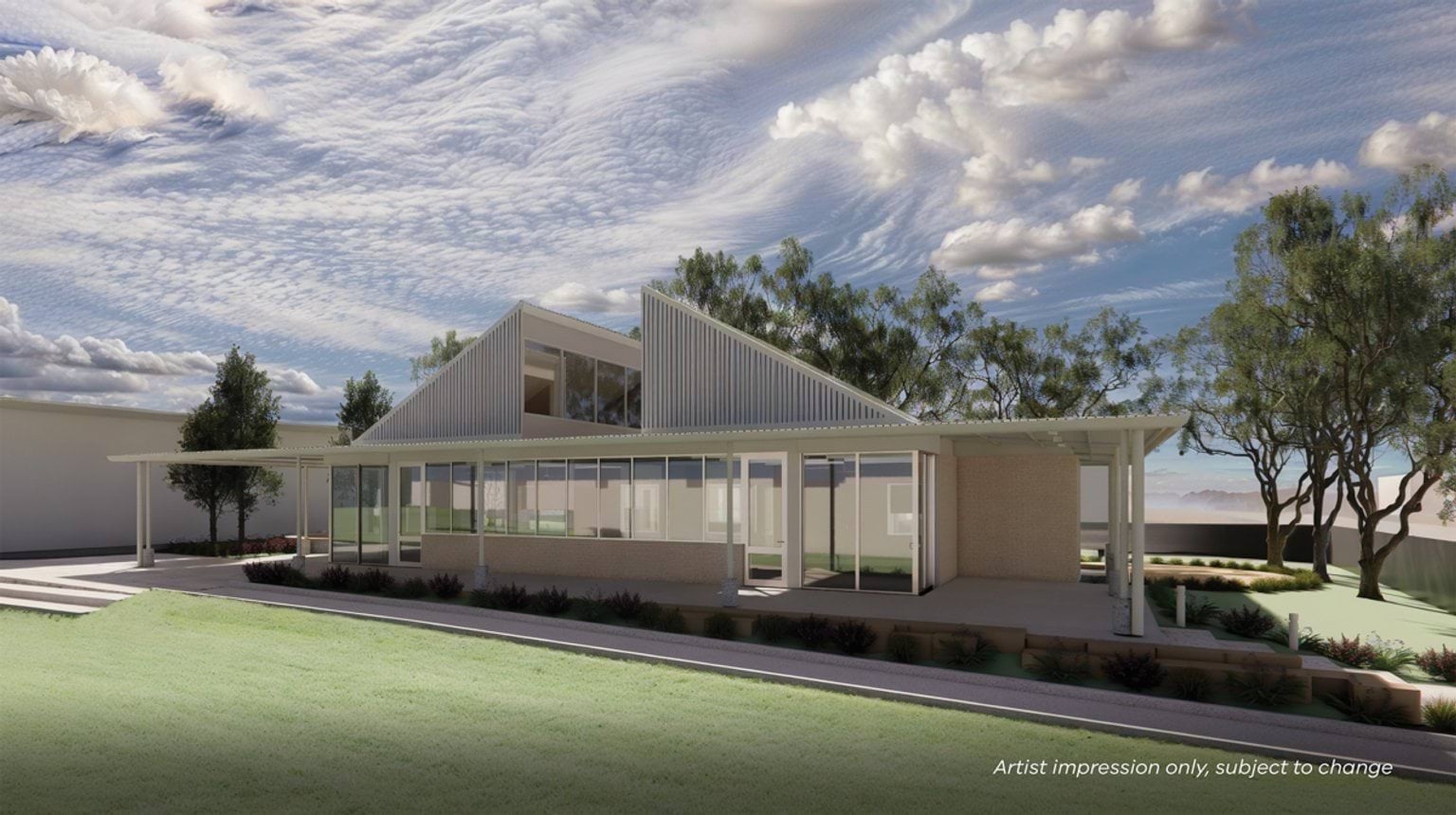 An exterior render of a school building with pitched roof sections, large windows, and surrounding gardens under a cloudy sky.