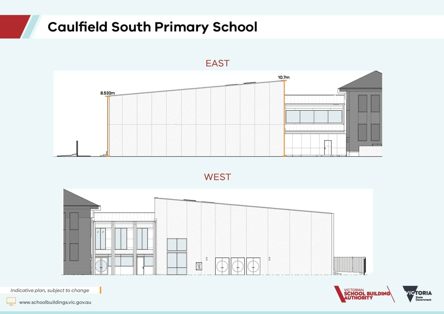 Architectural elevations of Caulfield South Primary School showing the east façade with a long sloping roof and minimal openings, and the west façade with a mix of windows, doors, and service elements.
