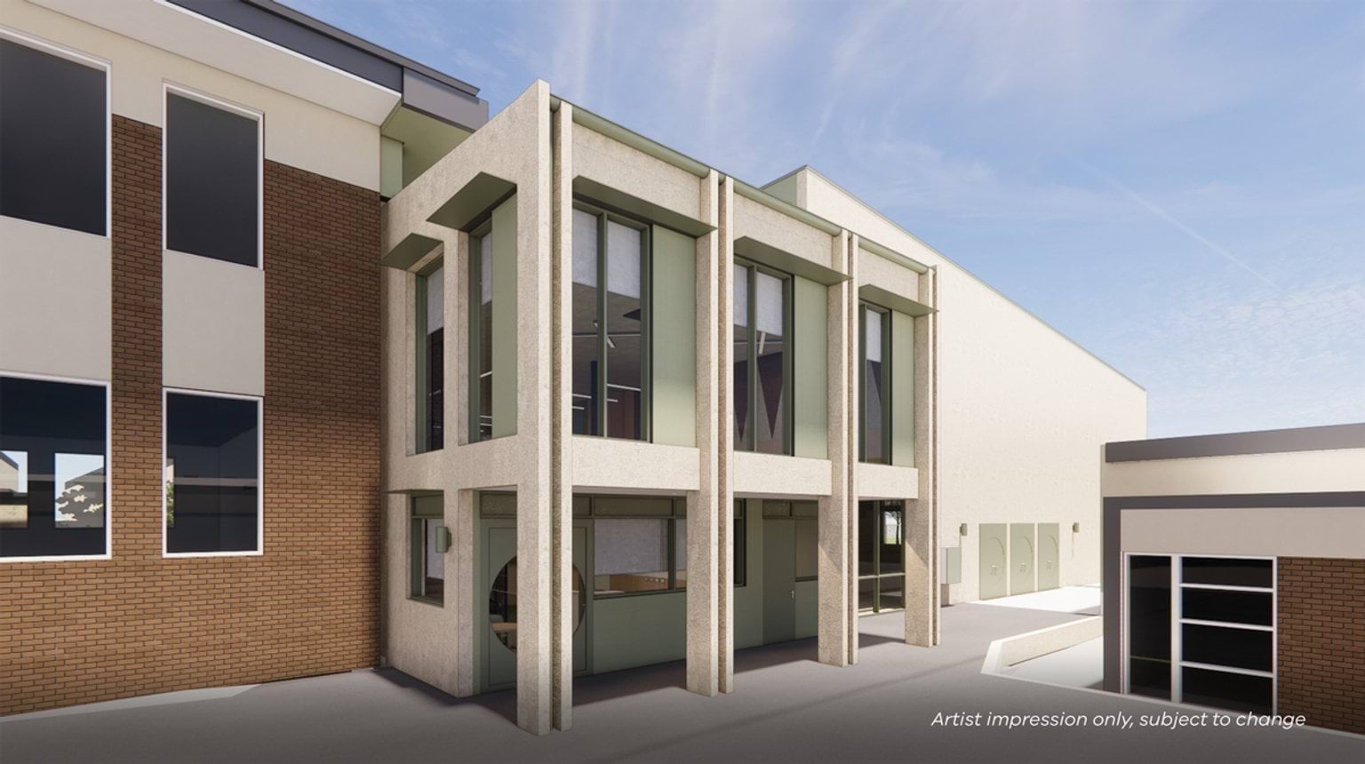 Artist impression of a school building extension featuring tall vertical columns, large windows, and a mix of brick and light cladding, creating a modern courtyard-facing facade.