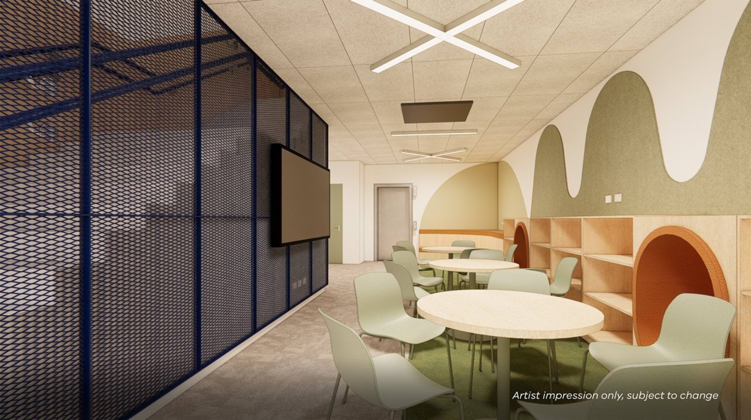 Artist impression of a flexible learning area with round tables, chairs, curved feature walls, built‑in shelving, and a mesh partition wall, designed with warm and playful finishes.