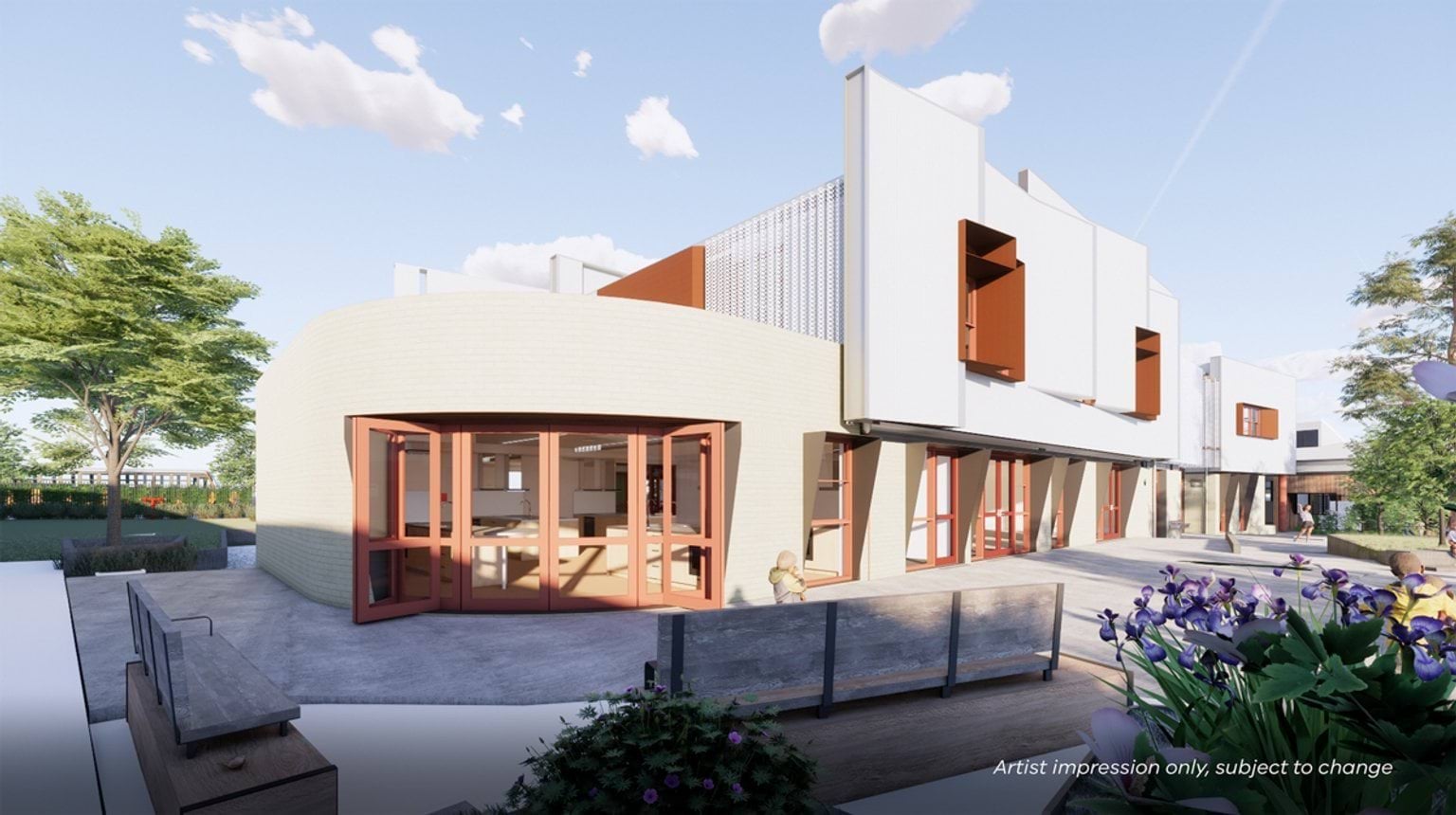 An artist’s impression of a curved ground‑floor building corner with large windows opening onto a landscaped outdoor area.