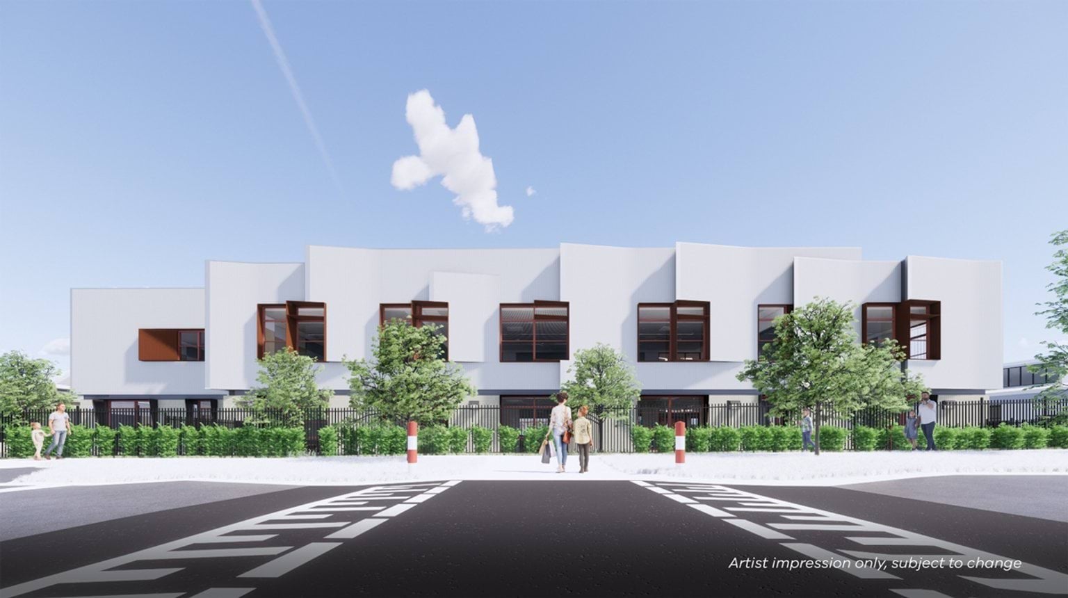 An artist’s impression of a two‑storey school building viewed from a pedestrian crossing, with trees and garden beds along the fence.