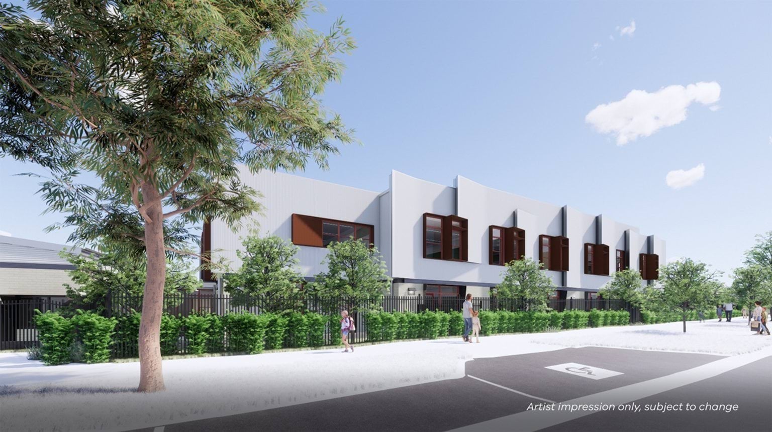 An artist’s impression of a long two‑storey school building with repeating window forms, seen from the footpath with trees and planting in front.