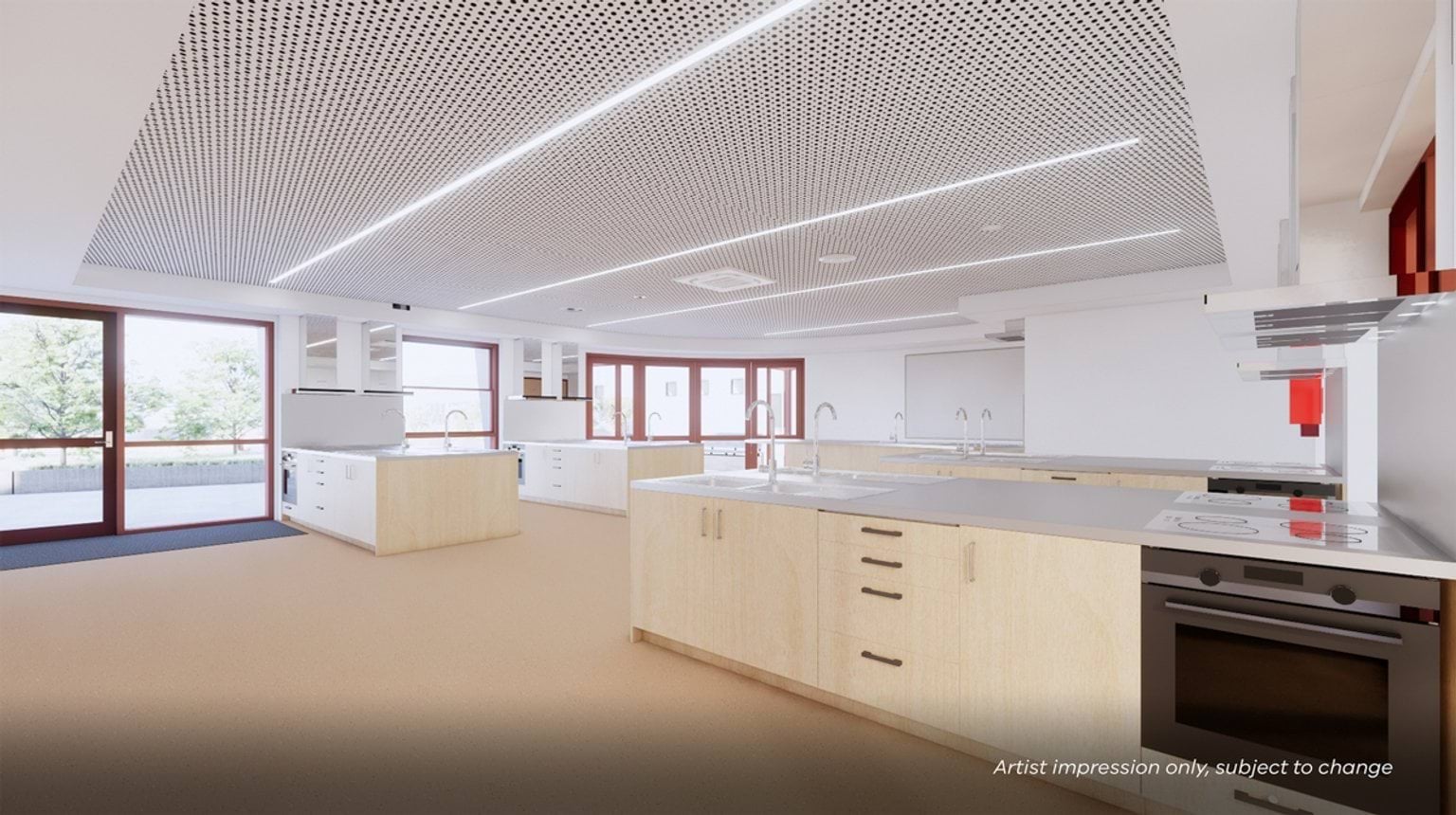 An artist’s impression of a large teaching kitchen with multiple workstations, ovens, sinks, and wide windows.