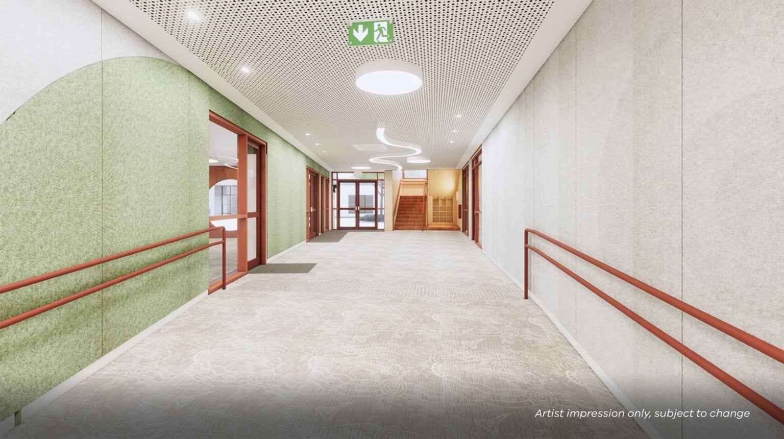 An artist’s impression of a wide internal corridor with handrails, patterned ceiling lighting, and doors leading to classrooms.