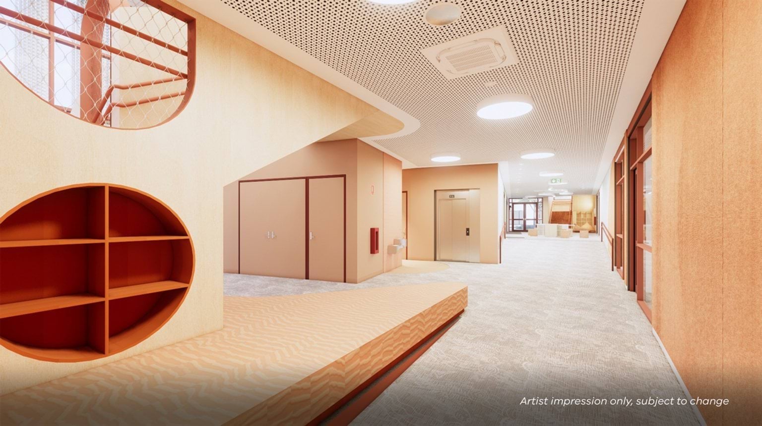 An artist’s impression of a corridor with timber shelving, seating, and doorways to nearby rooms.