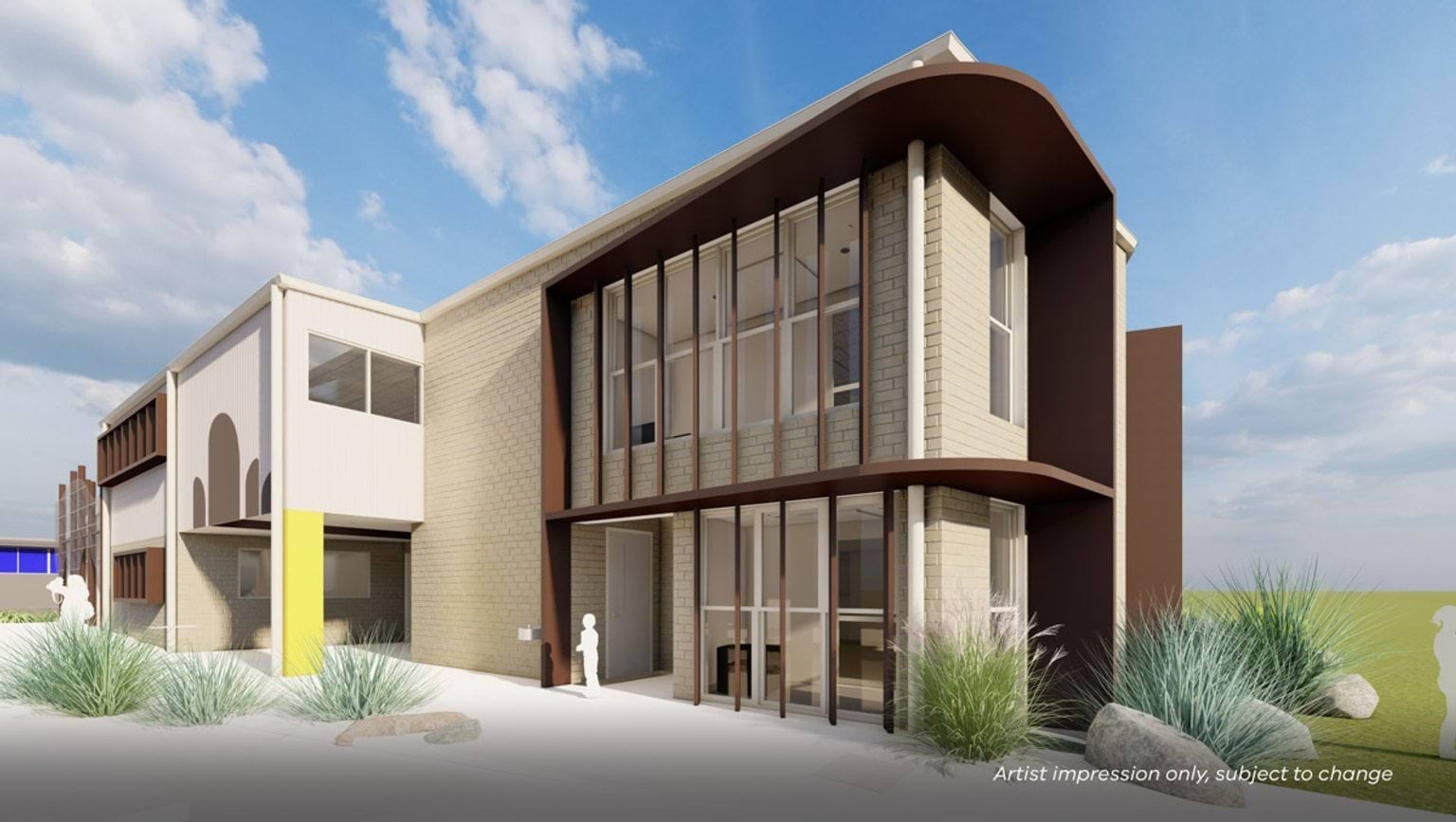 An artist’s impression of a two‑storey school building with large vertical windows, curved upper‑level shading, and landscaped planting in front.