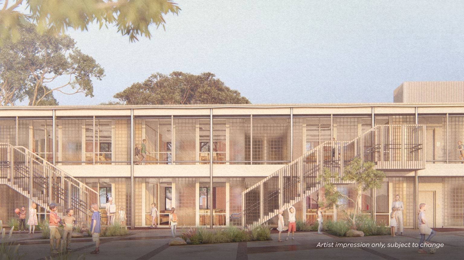 An artist’s impression of a two‑storey school building with external walkways and stairs, with people gathered in the outdoor area below.