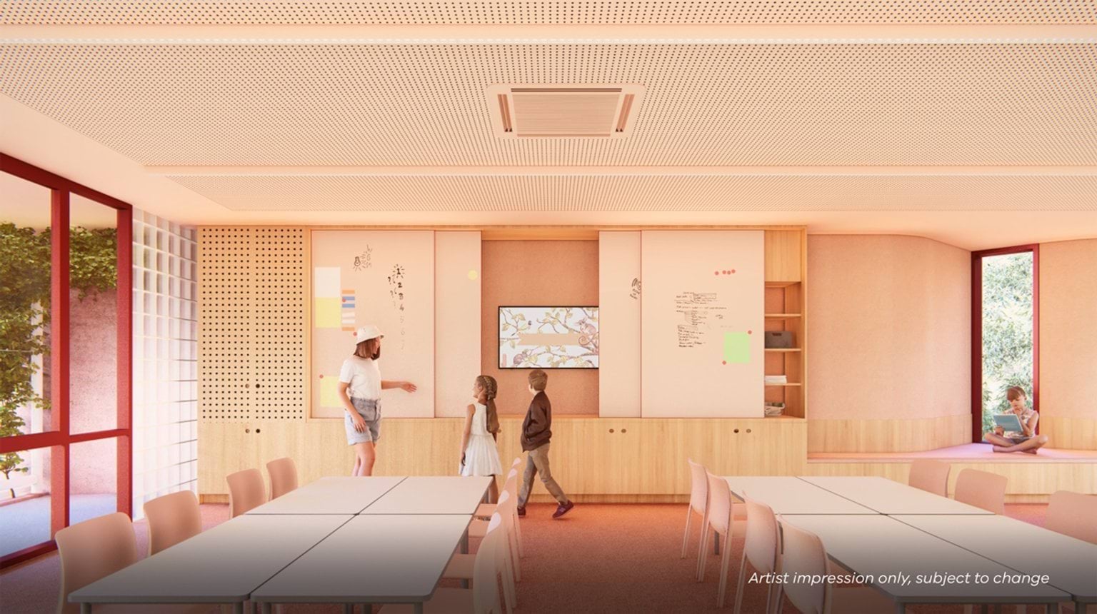 An artist’s impression of a light‑filled classroom with tables, built‑in storage, large windows, and several people interacting in the space.