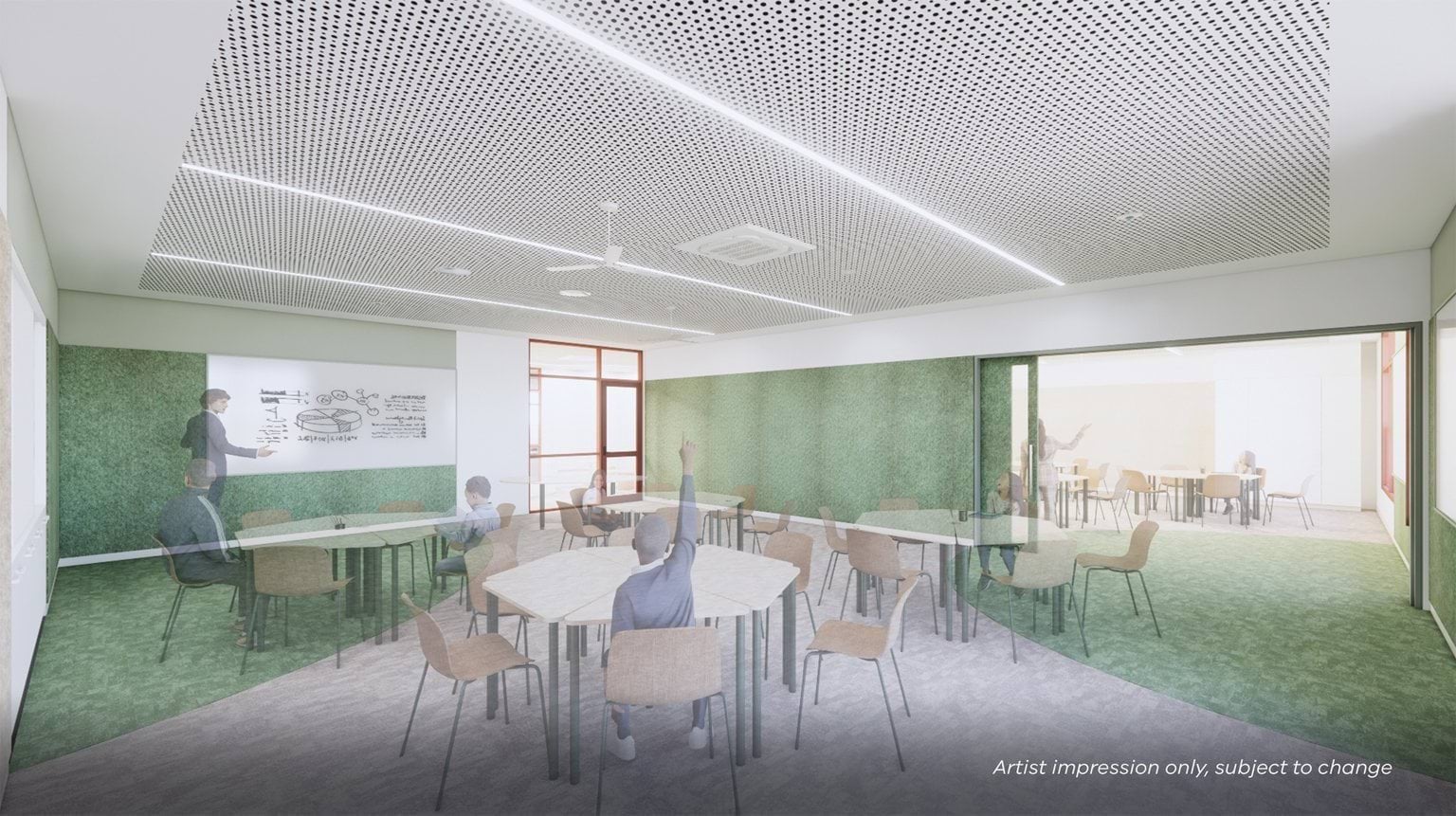 An artist’s impression of a classroom with tables, large windows, and students seated around the room.