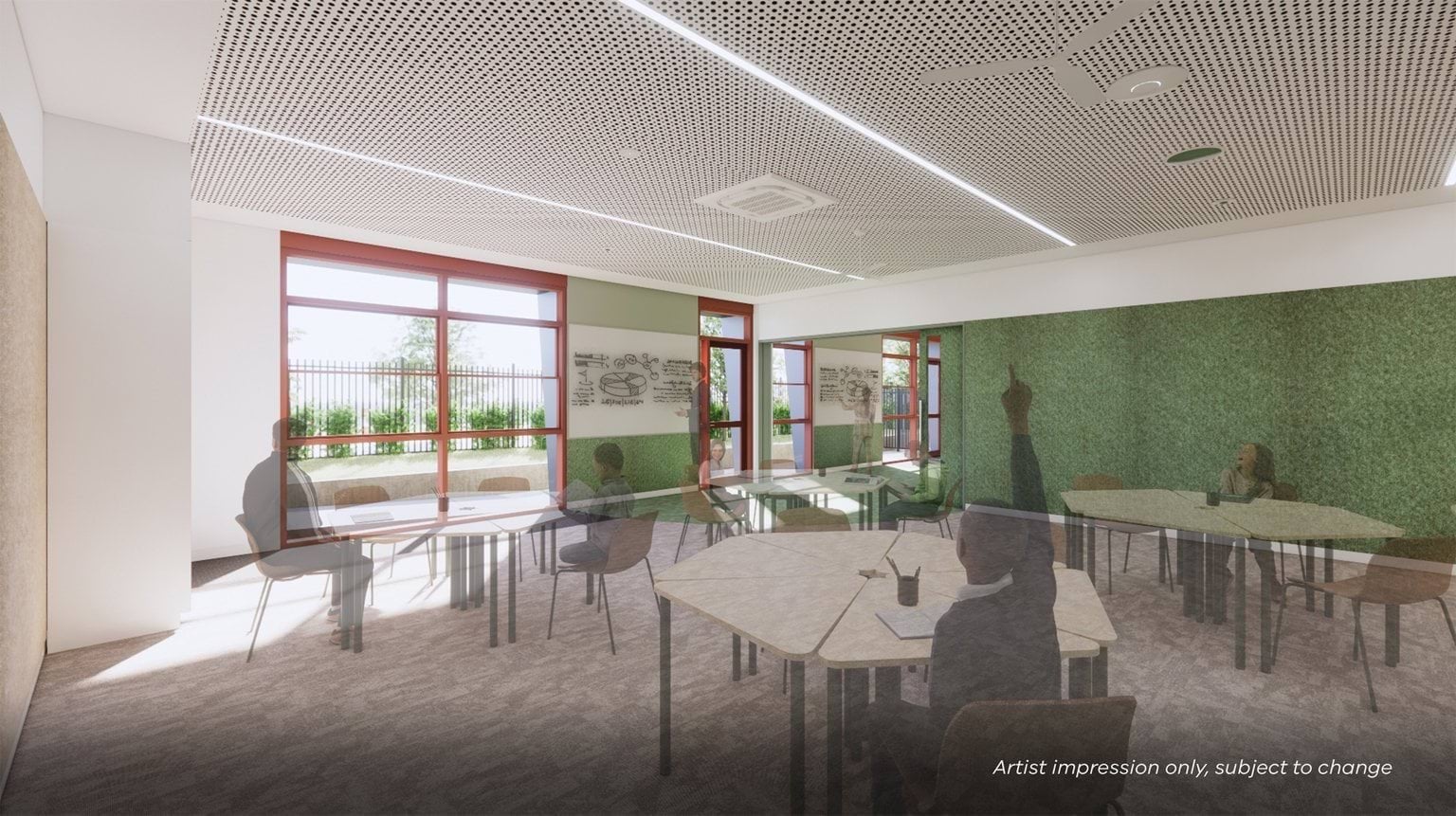 An artist’s impression of a flexible classroom with tables arranged in groups and a movable wall opening to an adjoining learning space.