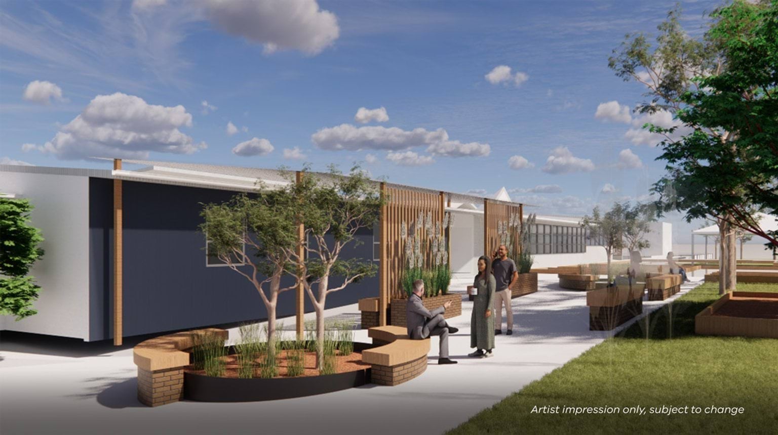 An artist’s impression showing an outdoor courtyard beside a new school building, with curved seating, garden beds, and 3 people in the space.