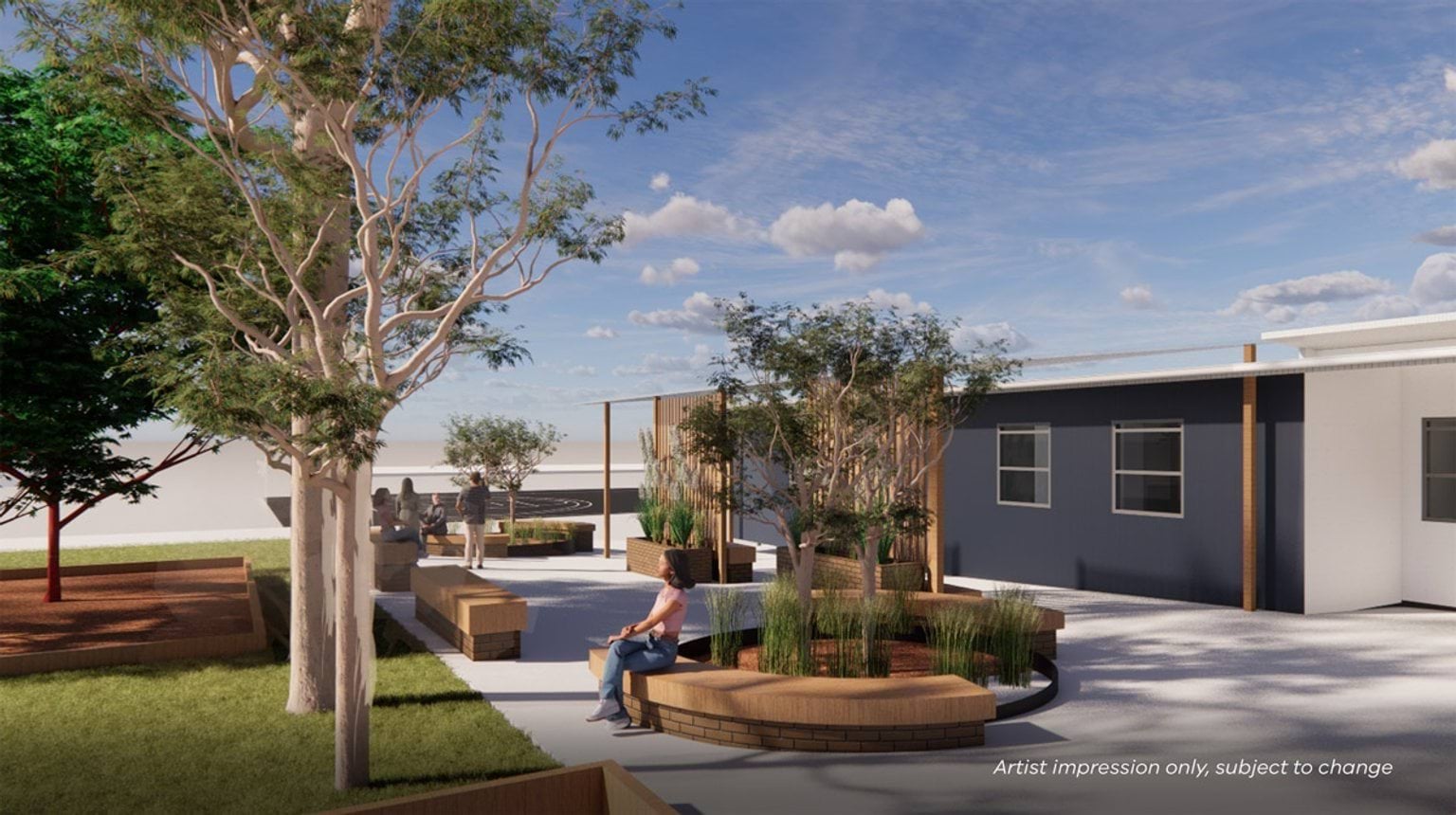 An artist’s impression of a landscaped courtyard beside a new school building, featuring curved seating, trees, and students sitting nearby.
