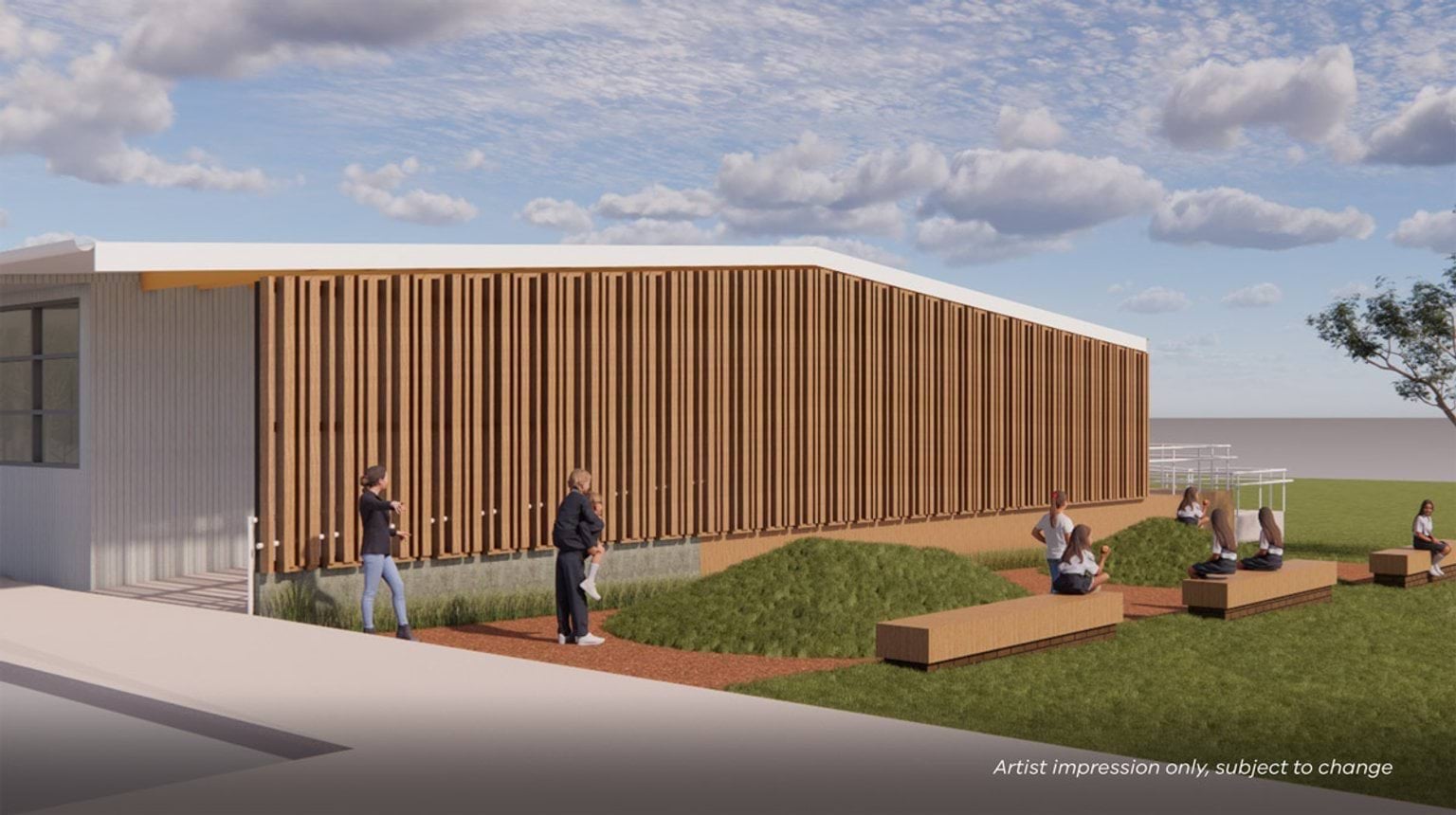 An artist’s impression showing the exterior of a new school building with full‑height vertical timber screening and people seated in the surrounding landscaped area.