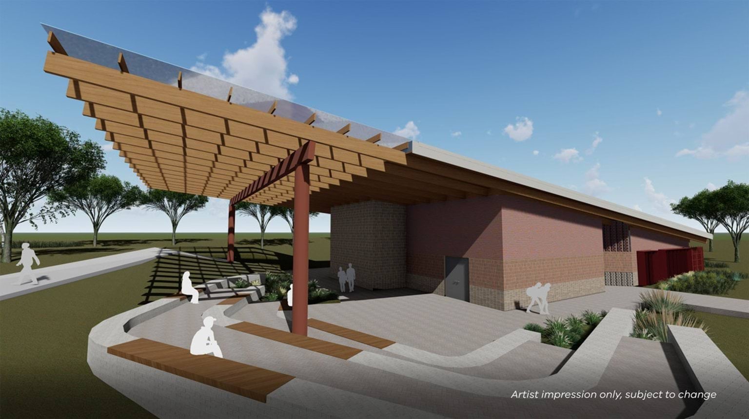 An artist’s impression of an outdoor learning area with timber seating and a large covered structure beside the school building.