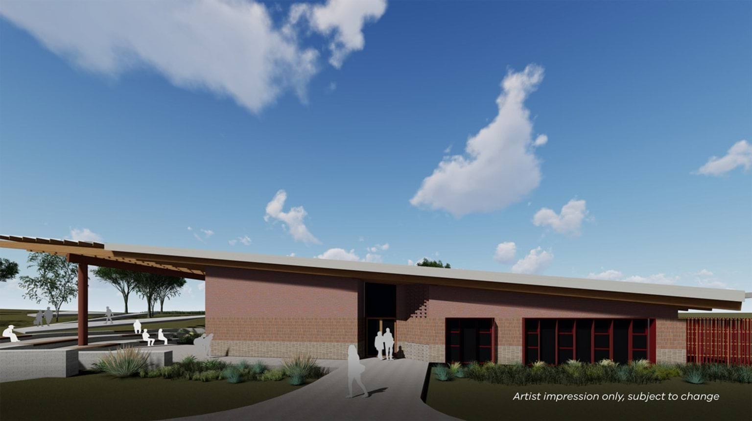 An artist’s impression of a single‑storey school building with a slanted roof and landscaped entry path.