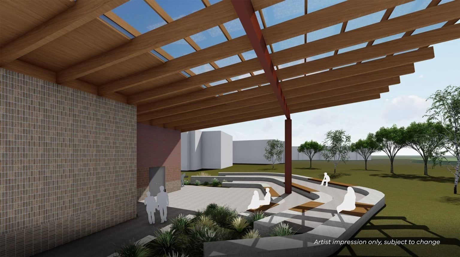An artist’s impression of a covered outdoor area with tiered seating, planting, and open landscape views.