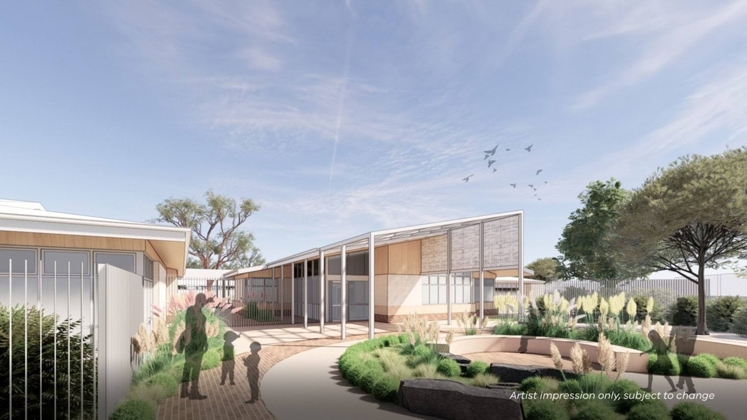 An artist’s impression of a single‑storey school courtyard with covered walkways, garden beds, and a small playground.
