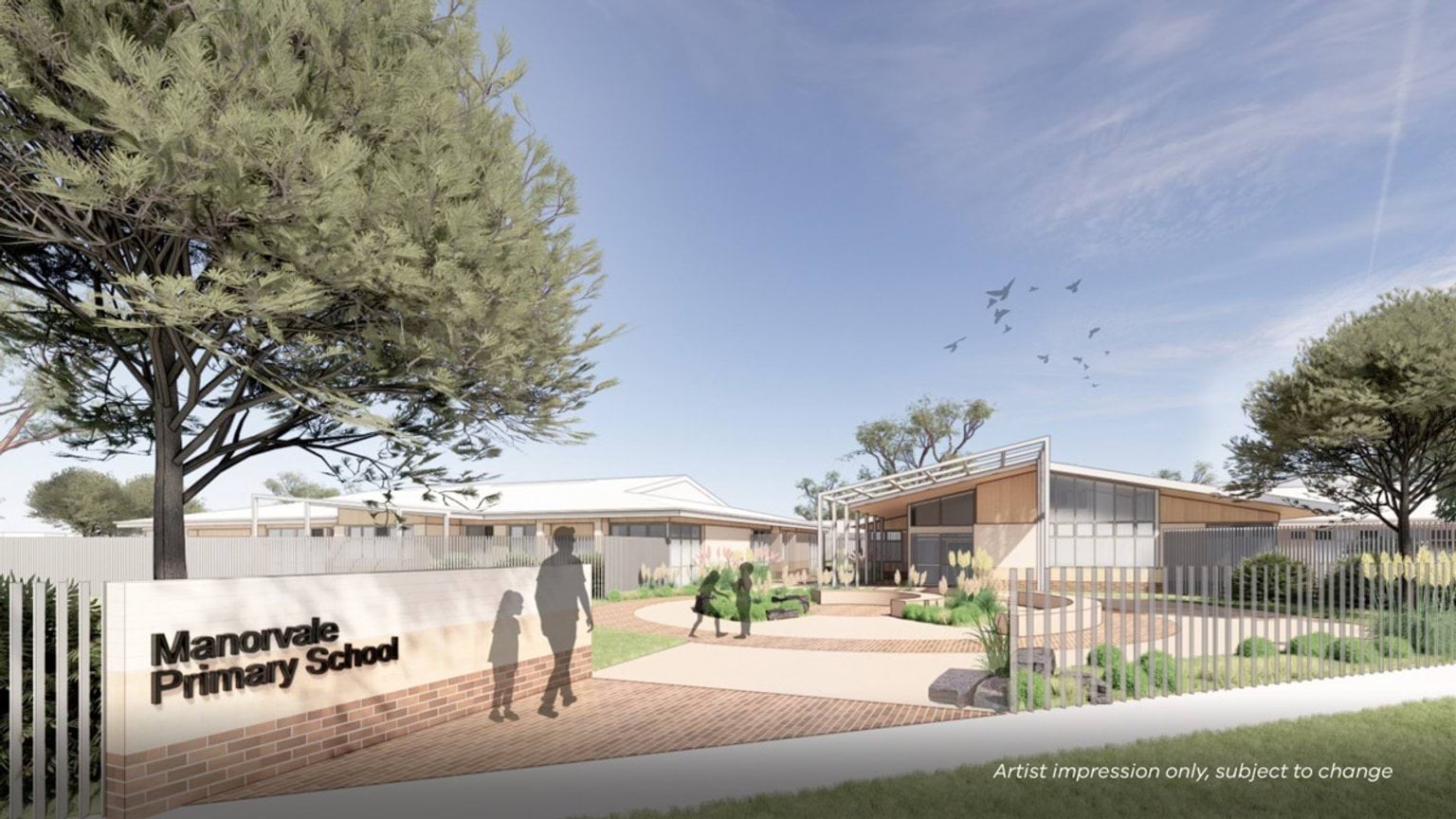 An artist’s impression of the Manorvale Primary School entrance, showing a landscaped forecourt and low‑rise school buildings behind a sign.