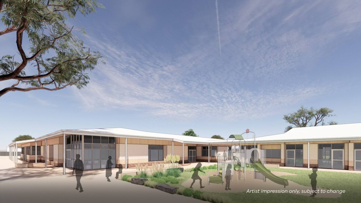 An artist’s impression of a landscaped pathway between school buildings, with planting, trees, and covered walkways.