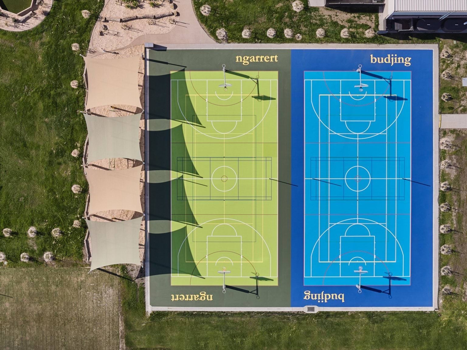 An aerial view of two outdoor sports courts—one green and one blue—labelled with Woi Wurrung language words and shaded by fabric canopies.