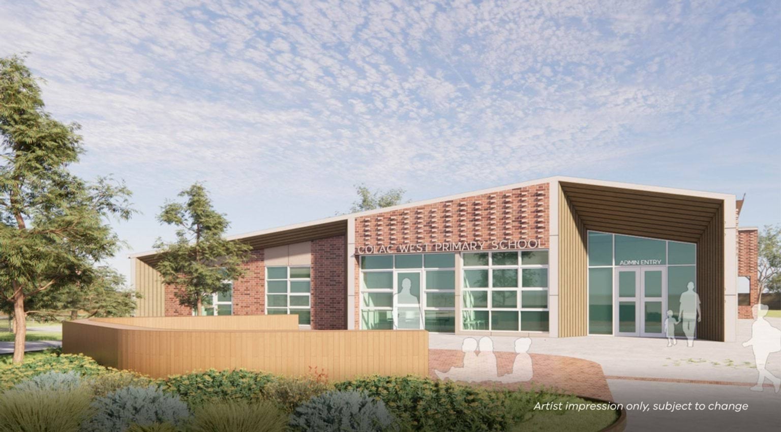 Artist impression of the school’s main entry showing brick and patterned cladding, large glazed doors, landscaped paths, and trees surrounding the building.