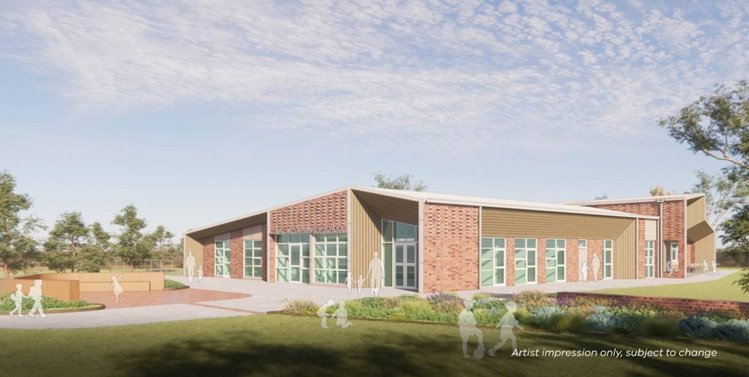 Artist impression of a single‑storey school building with brick and metal cladding, tall windows, and landscaped garden beds, set within a grassy outdoor area.