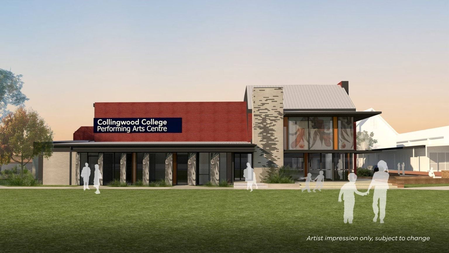 Artist impression of the Collingwood College Performing Arts Centre showing a red brick façade, wide covered entry, textured tower, and large glazed corner, with landscaped grounds in the foreground.