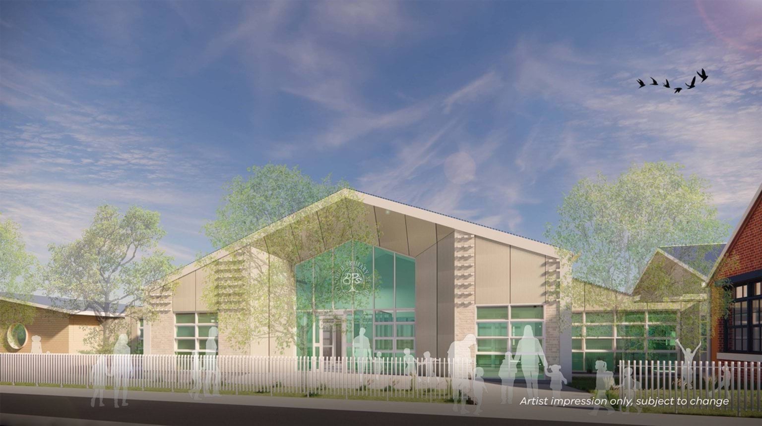 Artist impression of a new school building with a pitched roof, large front windows, landscaped gardens, and a white picket fence along the street frontage.