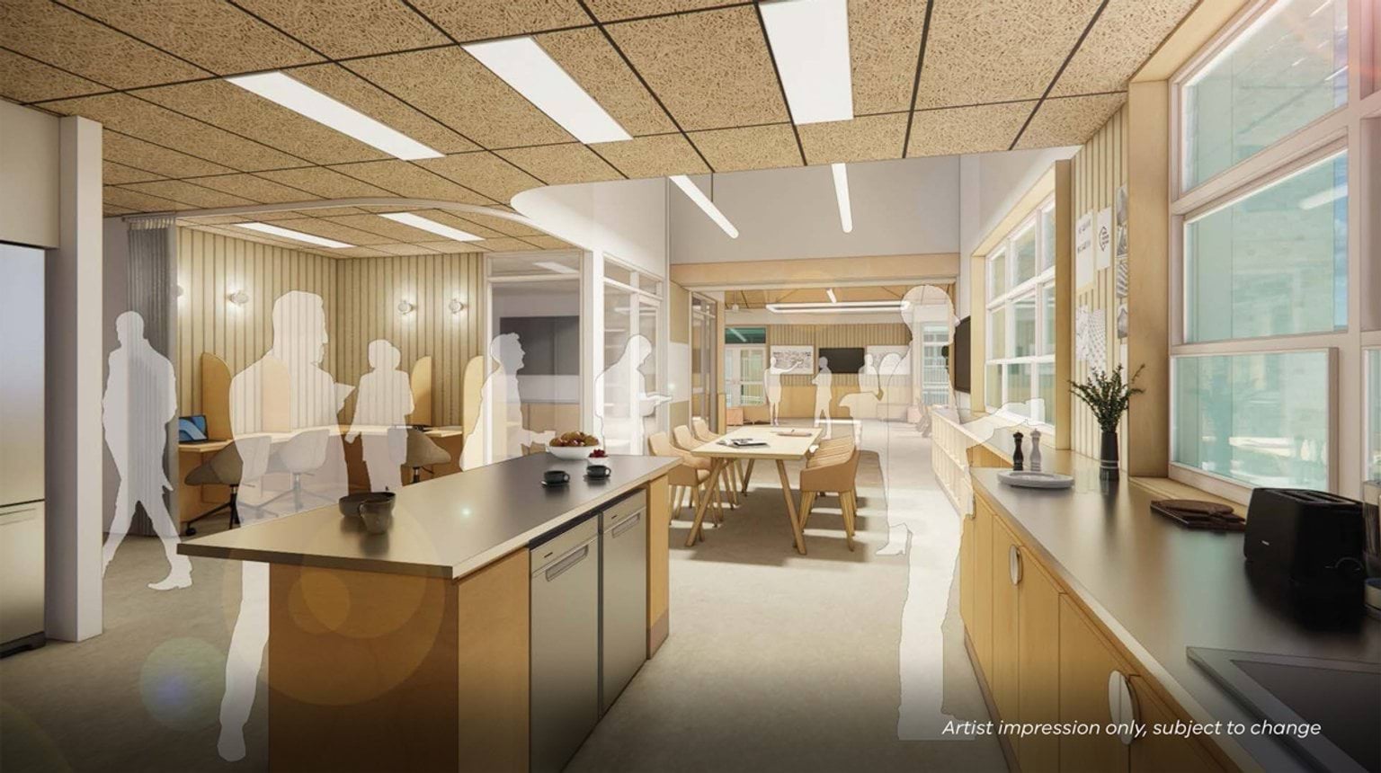 Artist impression of a shared kitchen and breakout space with timber cabinetry, island benches, round tables, and large windows bringing in natural light.