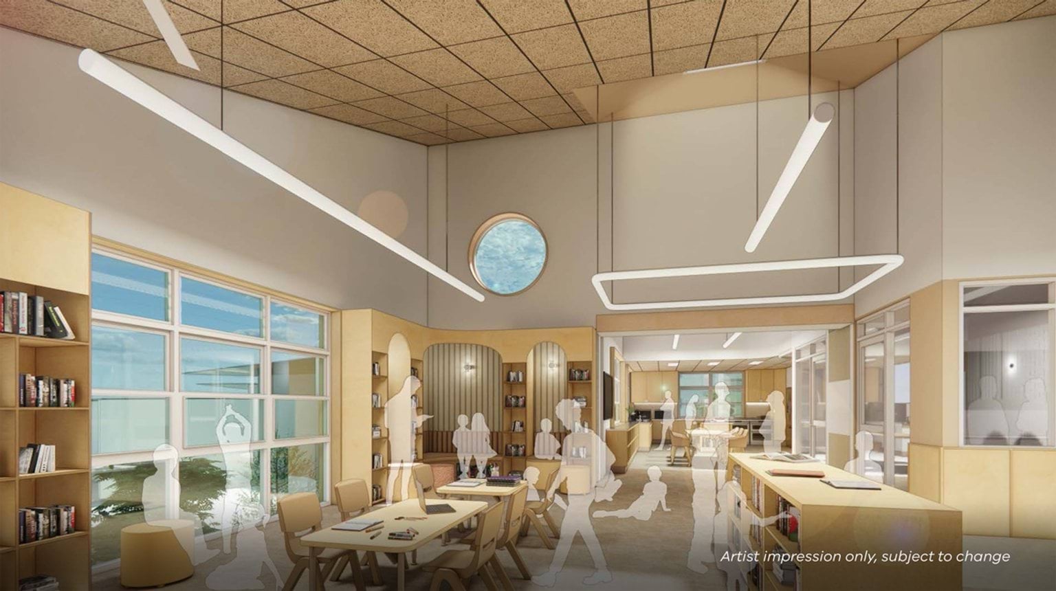 Artist impression of a bright learning area with a high ceiling, circular window, timber shelving, and flexible tables, connected to adjacent breakout spaces.