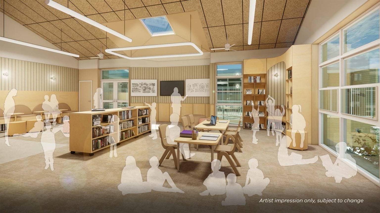 Artist impression of a spacious library and learning area with timber shelving, tables, built‑in seating, large windows, and a skylight, with silhouettes of students throughout.