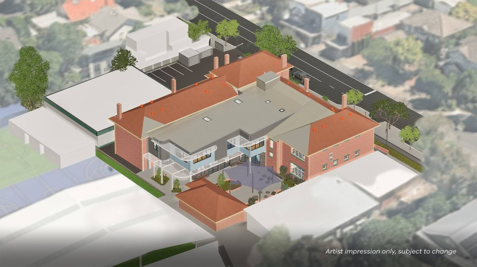 Artist impression of an upgraded school campus seen from above, showing connected red‑brick buildings, new extensions with modern cladding, shaded outdoor areas, and surrounding residential streets.