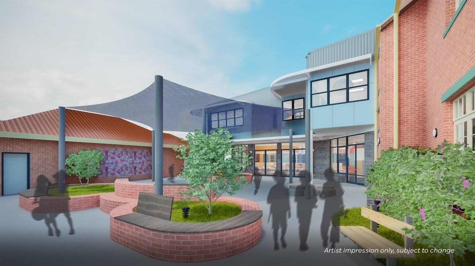 Artist impression of a landscaped school courtyard featuring curved brick planters, young trees, and a large mesh shade canopy beside the refurbished building.