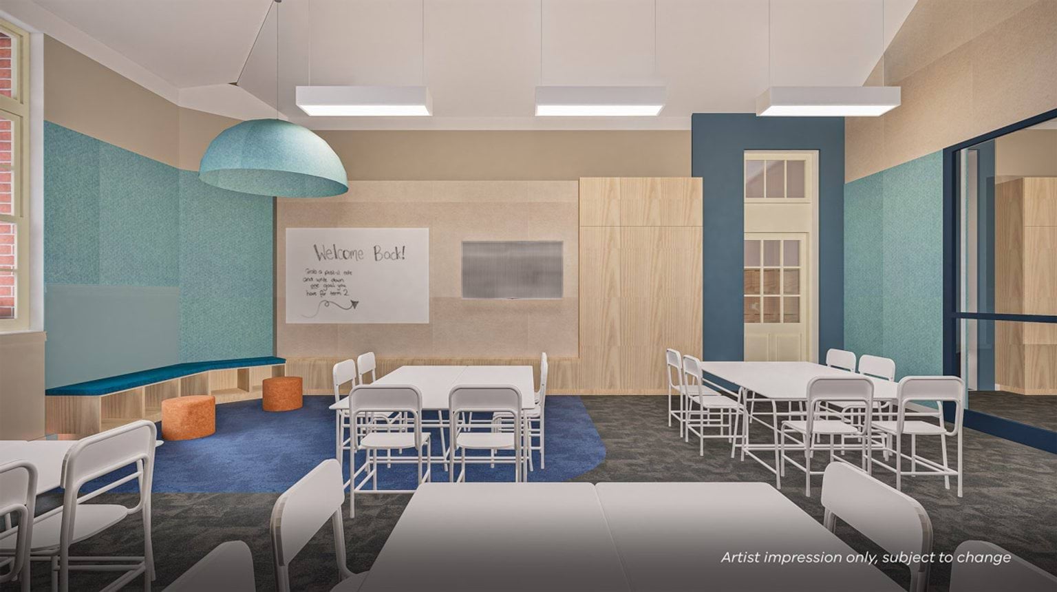 Artist impression of a refurbished classroom with new tables and chairs, acoustic wall panels, timber joinery, and a teaching wall with a whiteboard.