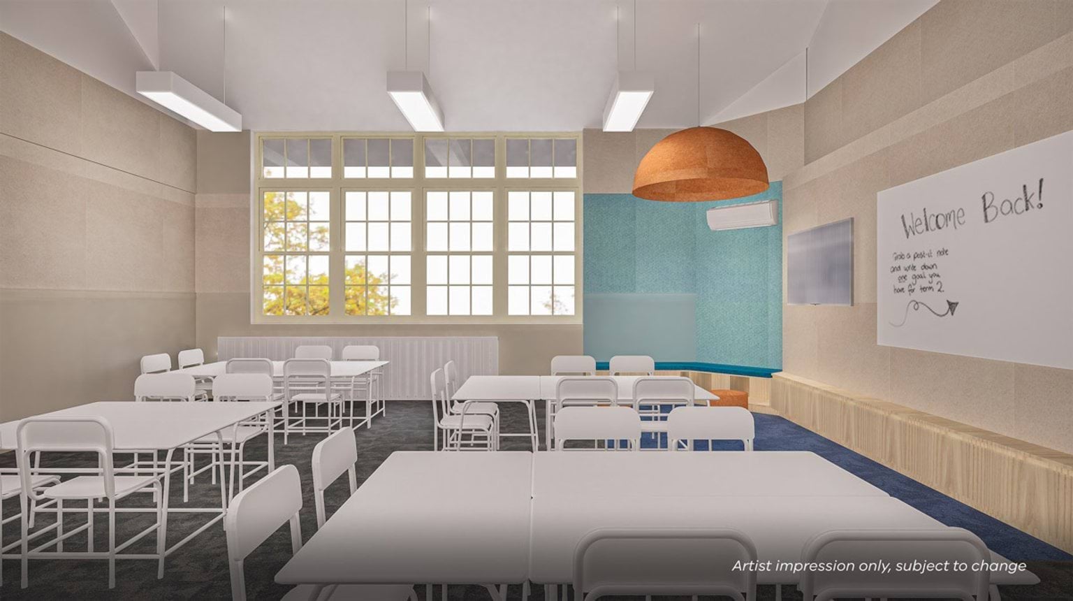 Artist impression of a classroom featuring tall windows, flexible furniture, acoustic panels, and timber storage along the teaching wall.