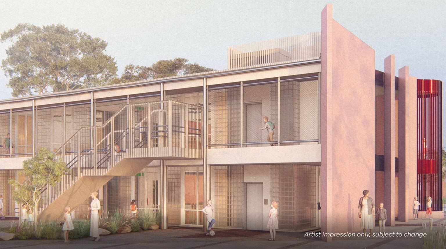 Artist impression of a two‑storey school building with open walkways, external stairs, and mesh screening, featuring light cladding and landscaped planting around the entrance.