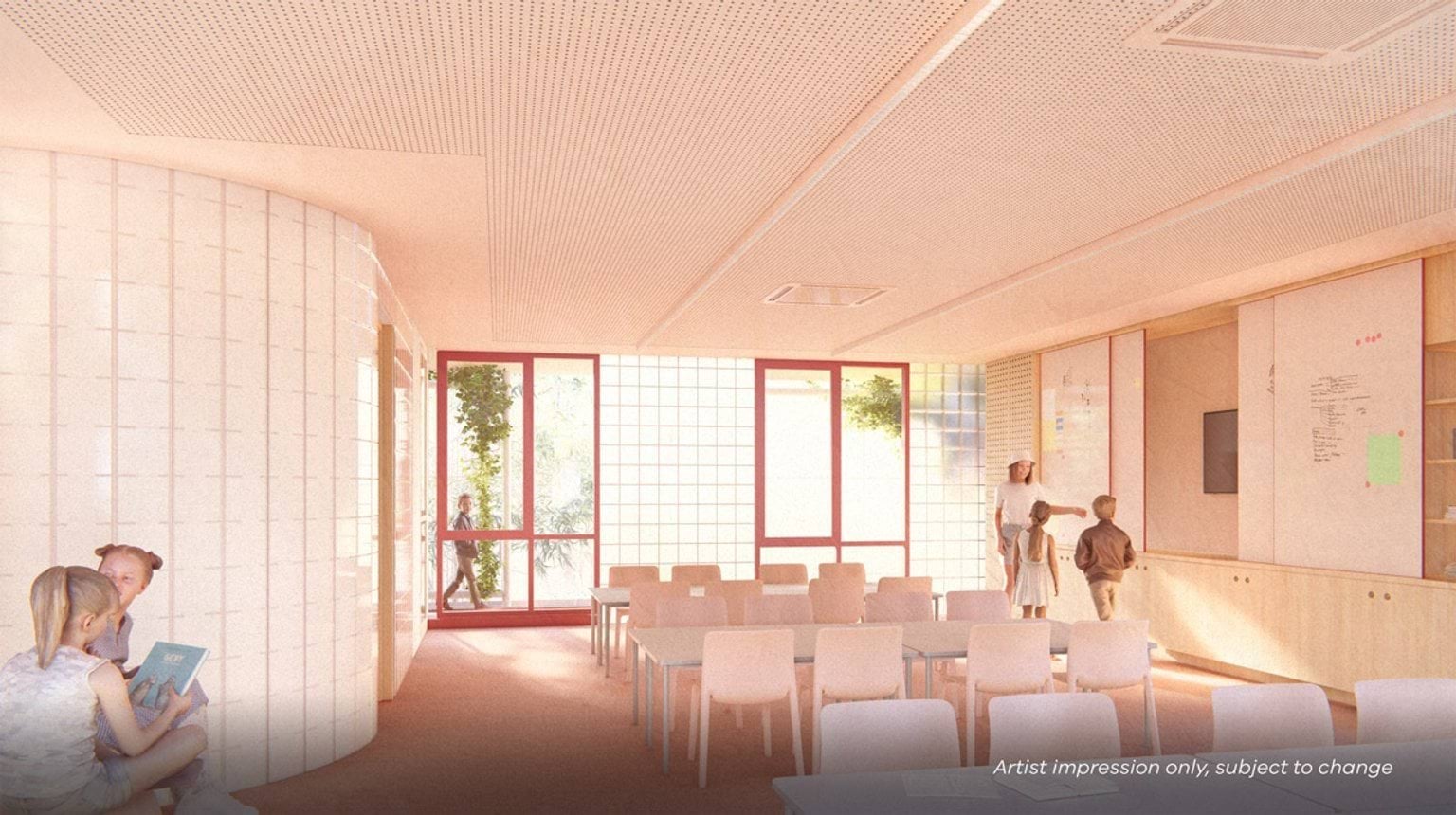 Artist impression of a light‑filled classroom with tiled curved walls, large windows, movable seating, and integrated whiteboards, with students and an adult interacting in the space.
