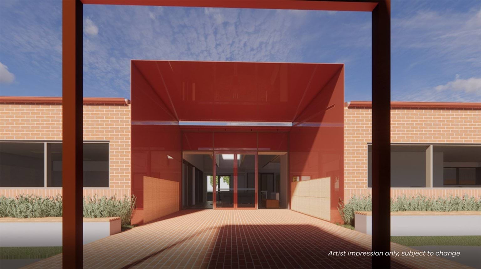 Artist impression of a school entry featuring a bold red metal canopy, brick façade, landscaped planting, and a paved arrival walkway.
