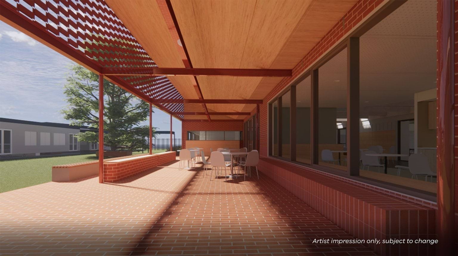 Artist impression of a shaded outdoor learning space with brick paving, timber ceilings, red steel framing, and tables arranged along the building edge.