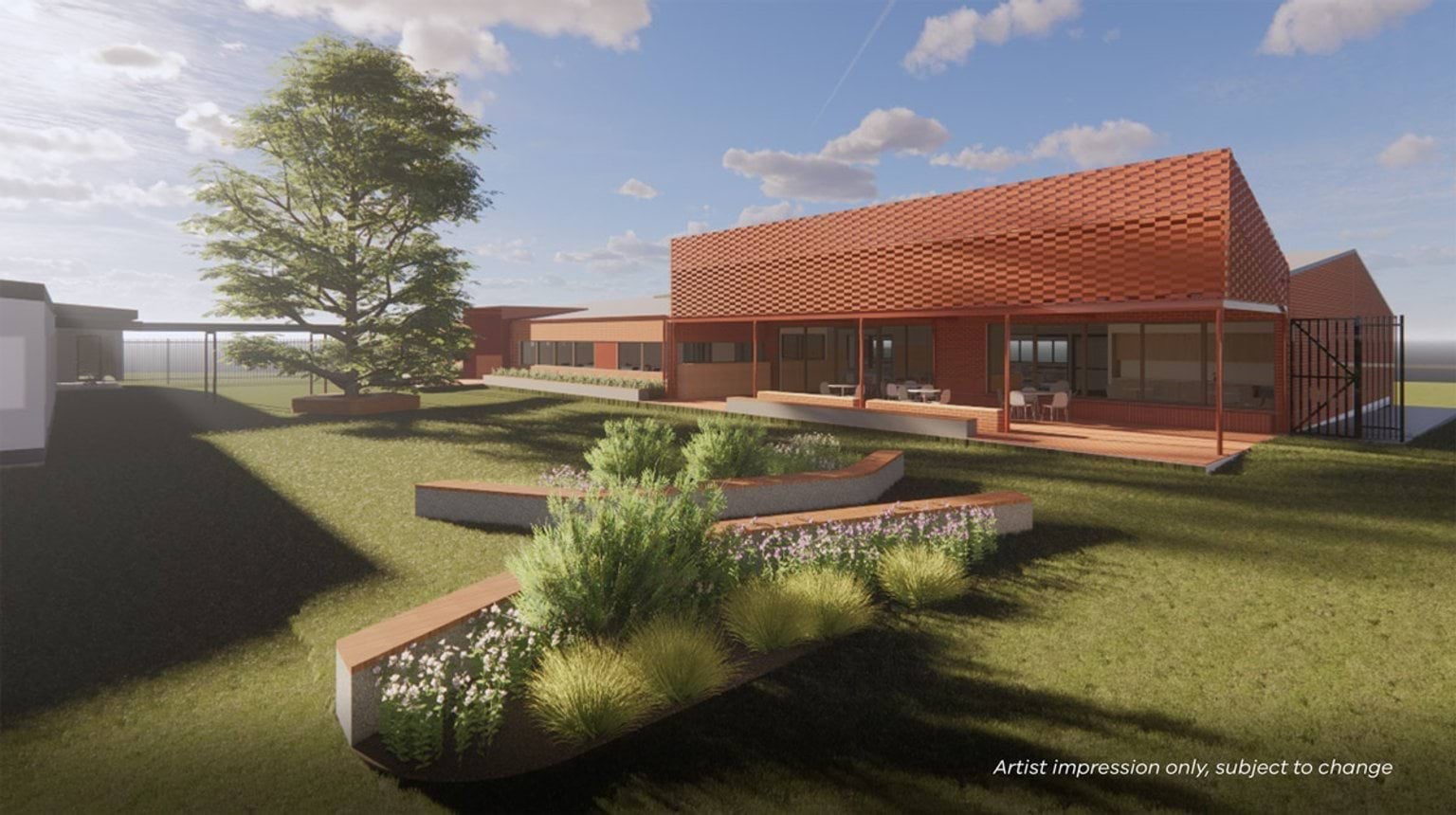 Artist impression of a landscaped outdoor area with tiered garden beds, lawn, and a low red‑brick school building with shaded verandas.