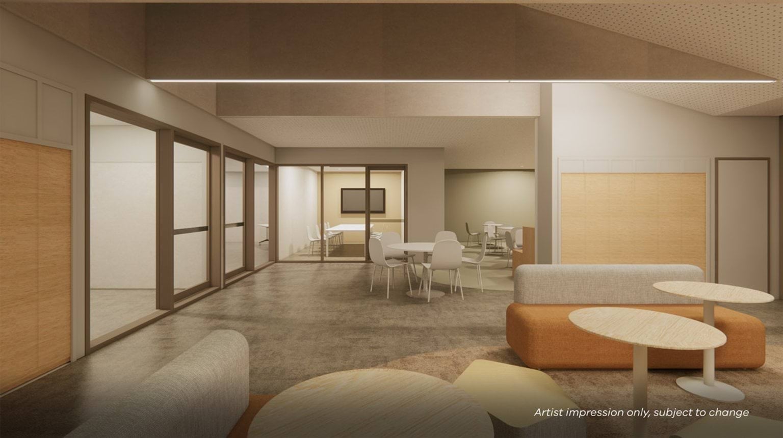 Artist impression of a school breakout area with lounge seating, round tables, and adjacent glass‑walled rooms, featuring neutral colours and soft lighting.